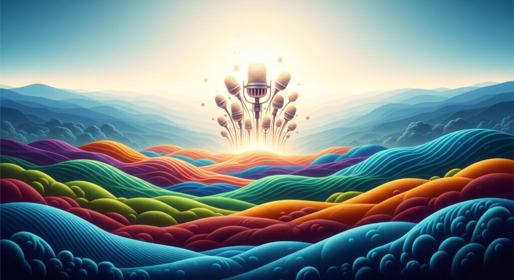 An abstract, vibrant landscape with rolling hills in various colors, from which several microphones emerge and glow, symbolizing diverse voices and high demand for speakers.