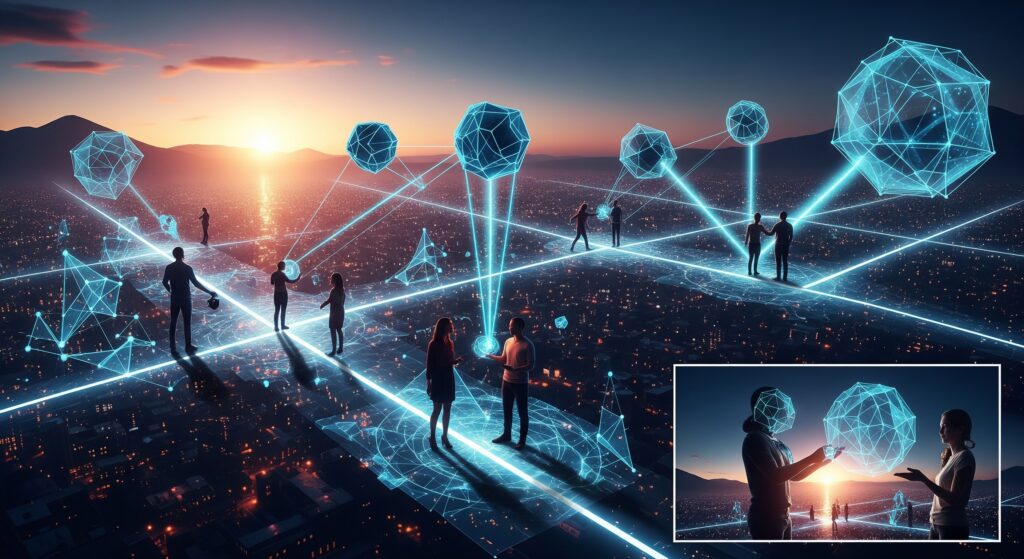 An abstract depiction of people interacting in a futuristic cityscape, with glowing lines and geometric shapes connecting individuals, representing virtual and in-person communication modes.