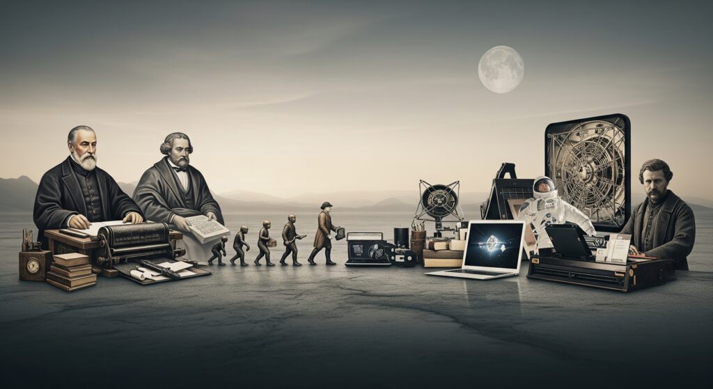 An abstract representation of human progress through different eras, showing figures and technology evolving from historical to modern times, symbolizing milestones and firsts.