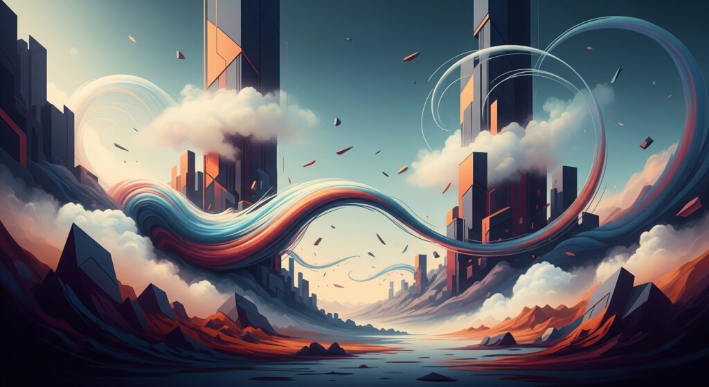 An abstract and futuristic landscape with towering structures and dynamic, flowing ribbons of light and color, symbolizing evolving trends and future concepts.