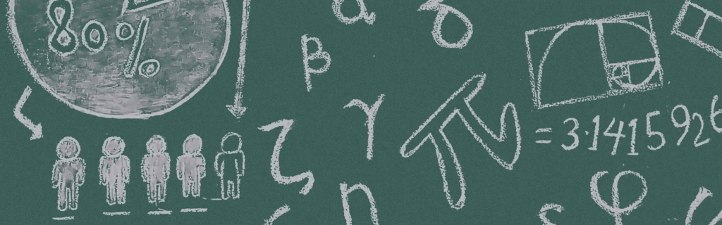 A green chalkboard with numbers and math symbols written all over in white chalk.