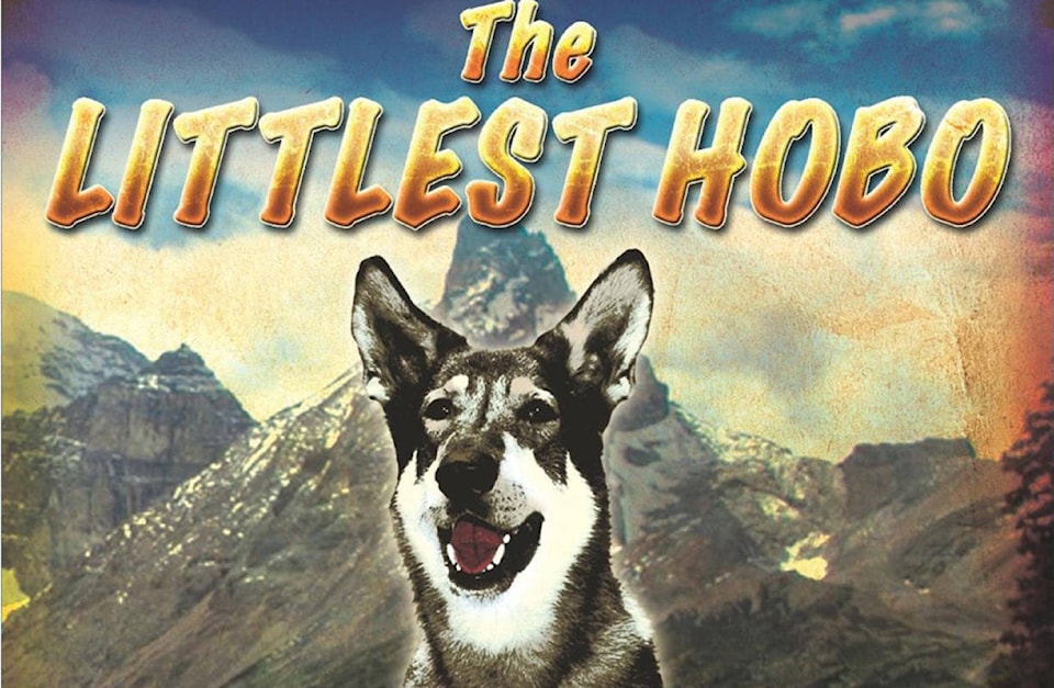 Television show cover for "The Littlest Hobo" featuring the title at the top in large, bold, yellow and orange font. In the background are snowy mountains. The foreground features a black and white dog.